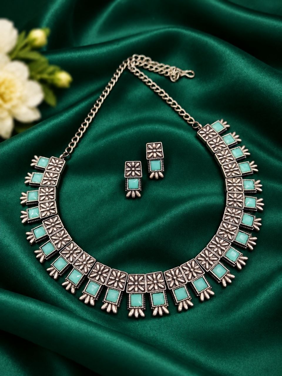 Oxidized Square Choker Necklace Set with brass design, traditional detailing and premium antique-inspired finish