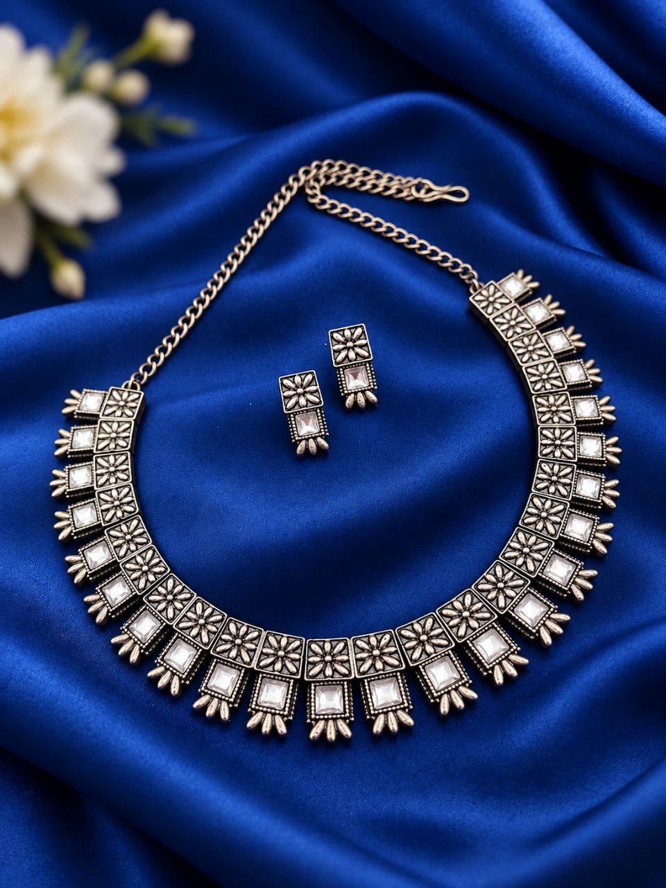 Oxidized Square Choker Necklace Set with brass design, traditional detailing and premium antique-inspired finish