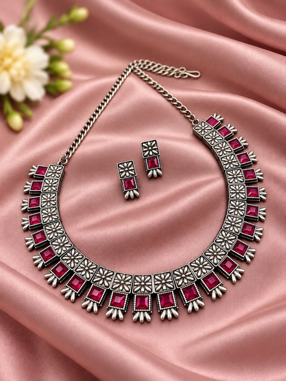 Oxidized Square Choker Necklace Set with brass design, traditional detailing and premium antique-inspired finish