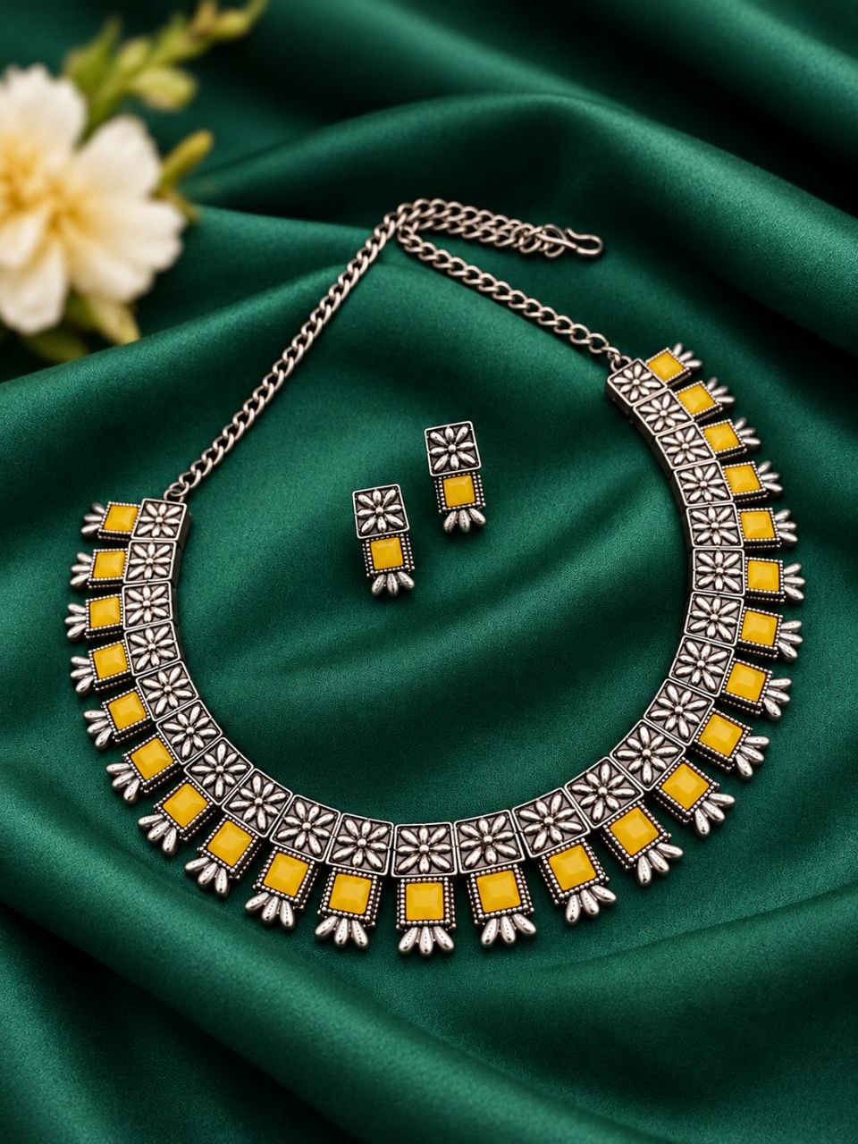 Oxidized Square Choker Necklace Set with brass design, traditional detailing and premium antique-inspired finish