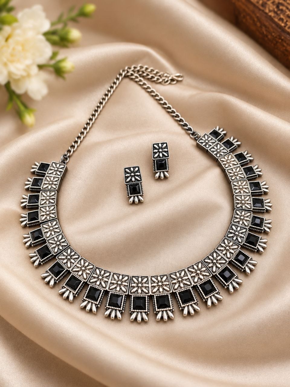 Oxidized Square Choker Necklace Set with brass design, traditional detailing and premium antique-inspired finish