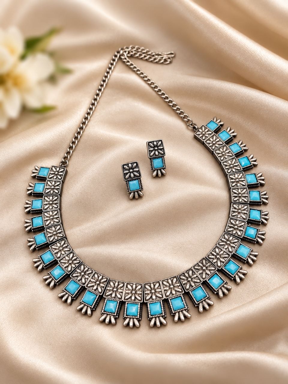 Oxidized Square Choker Necklace Set with brass design, traditional detailing and premium antique-inspired finish