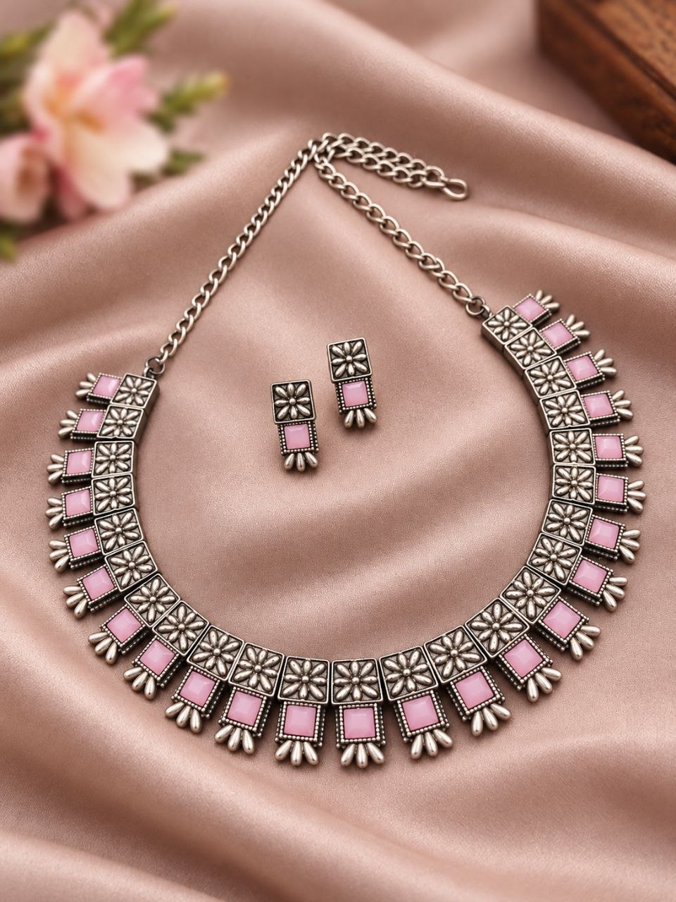 Oxidized Square Choker Necklace Set with brass design, traditional detailing and premium antique-inspired finish