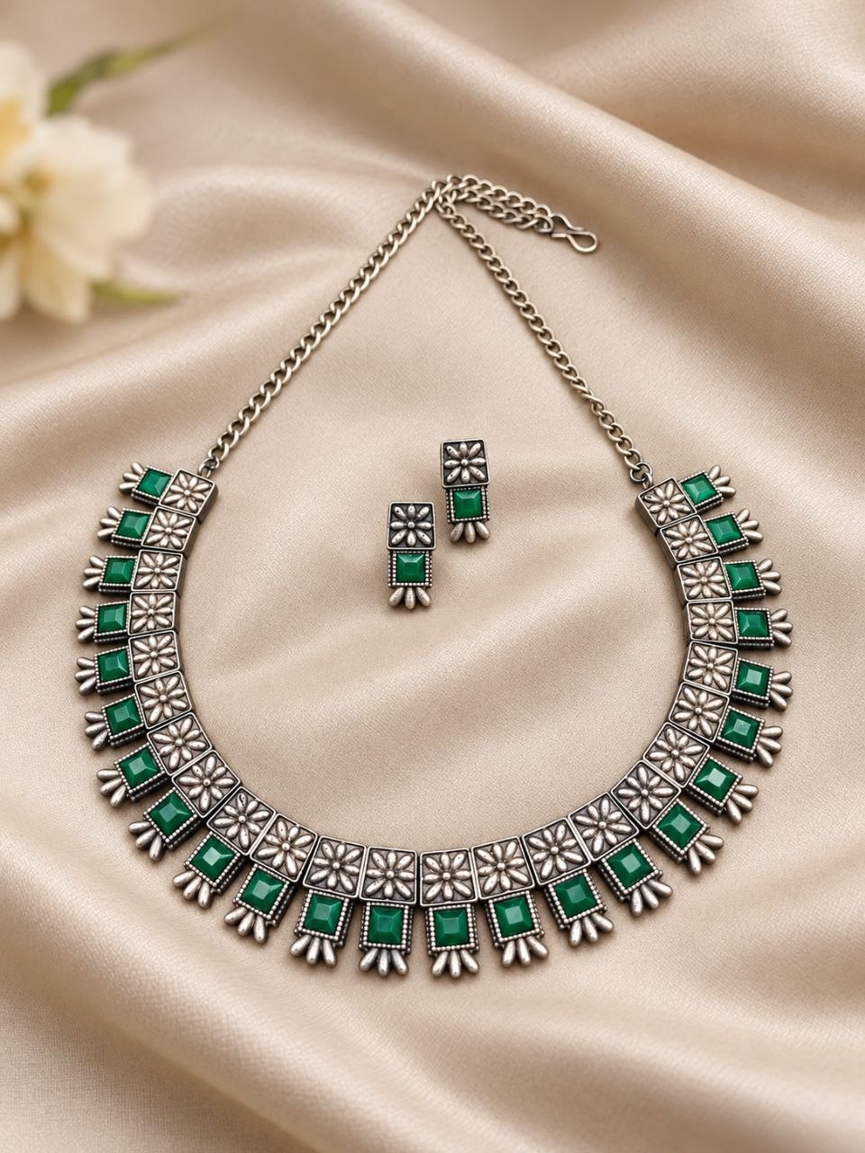 Oxidized Square Choker Necklace Set with brass design, traditional detailing and premium antique-inspired finish