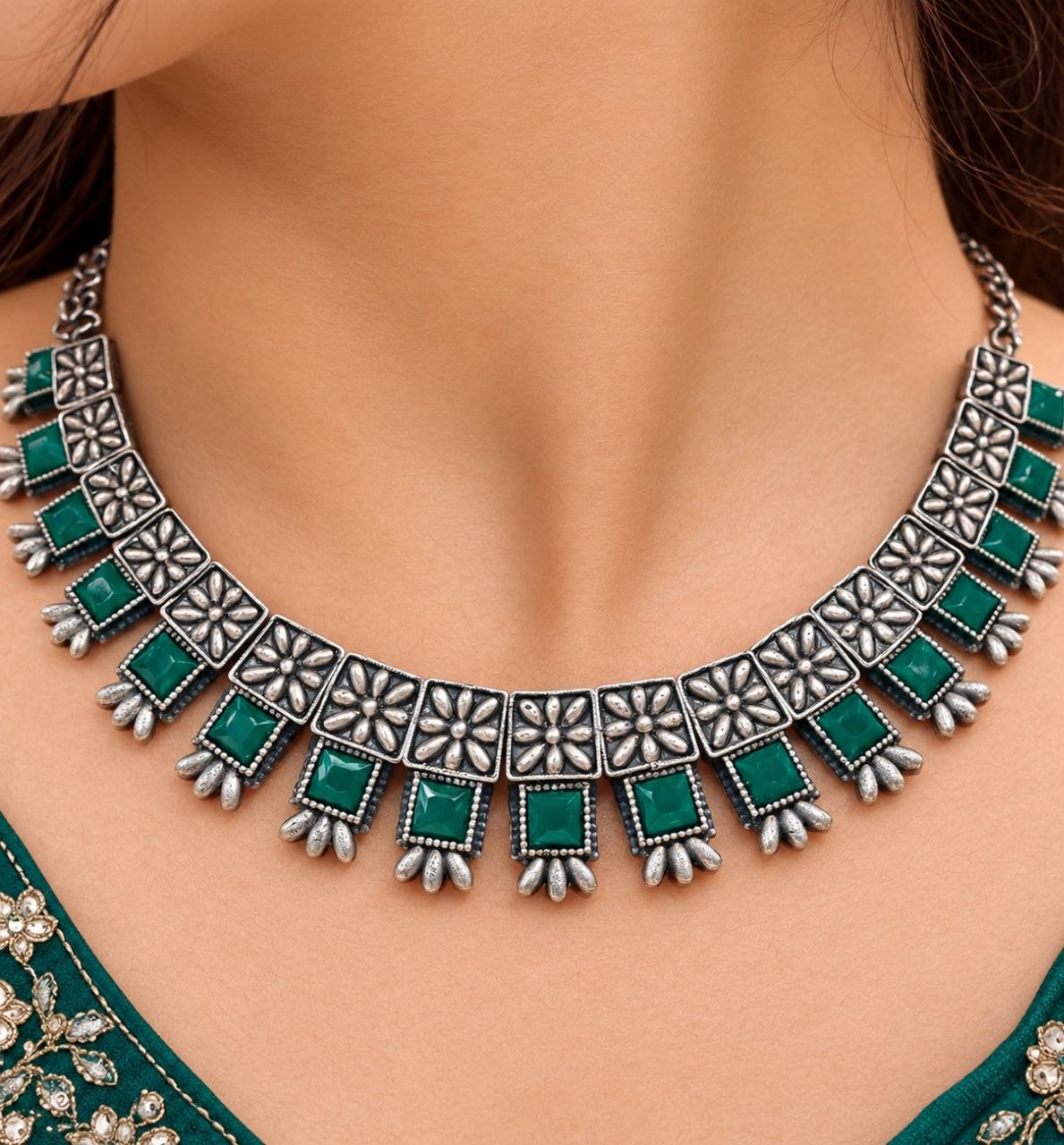 Oxidized Square Choker Necklace Set with brass design, traditional detailing and premium antique-inspired finish
